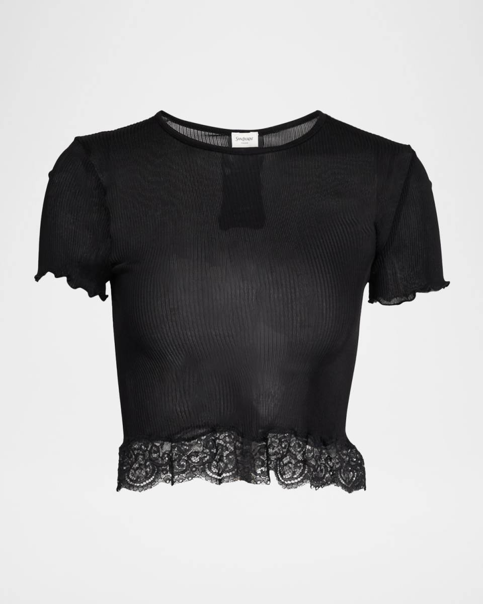 Lace-Trim Short-Sleeve Crop T-Shirt